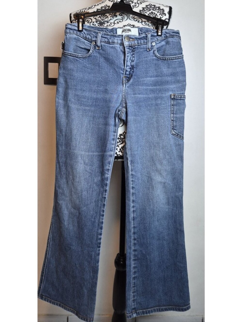 Moschino Jeans Womens 30 Bootcut Carpenter Cargo Pocket Peace Charm Denim